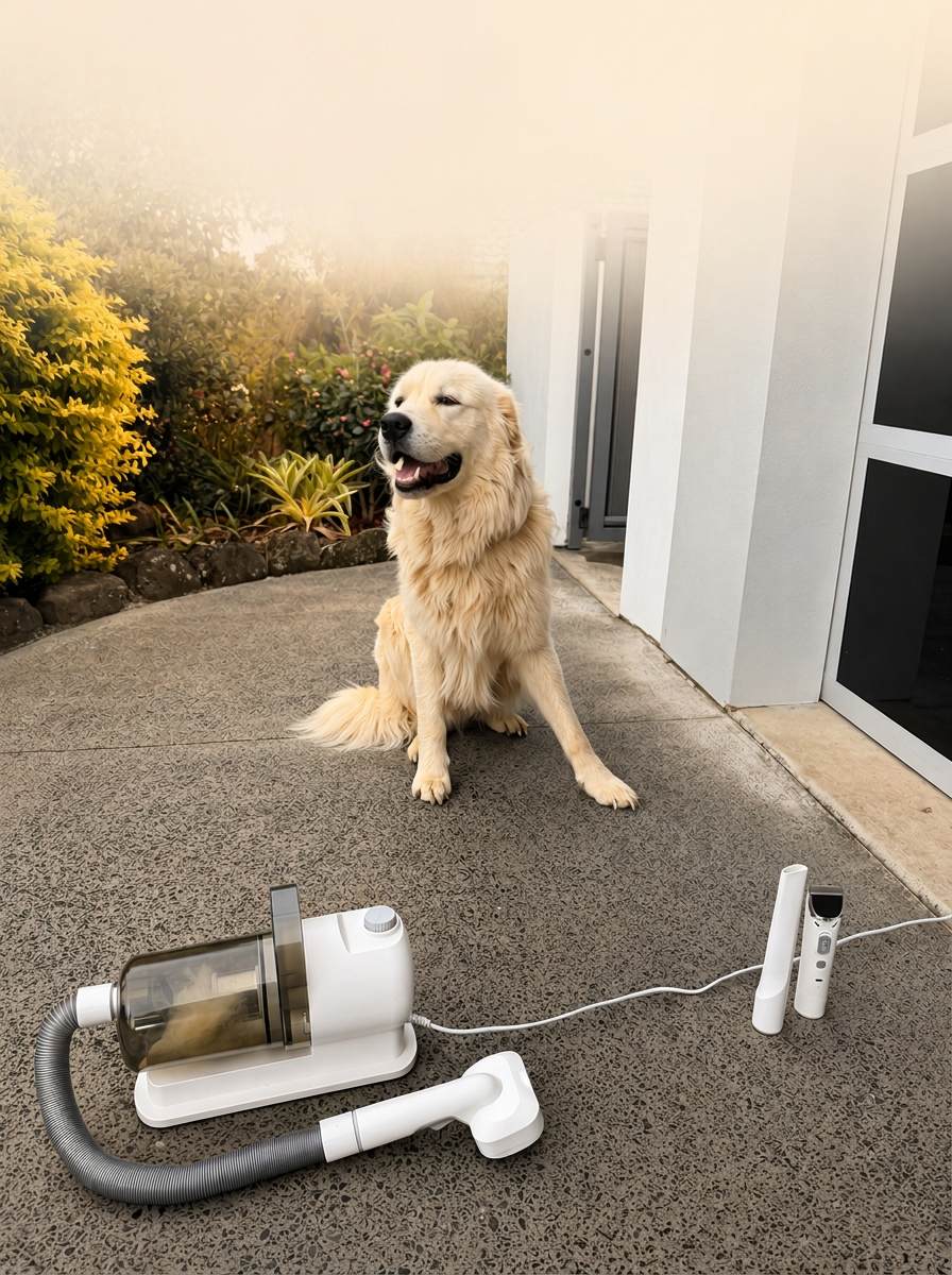 Furbuddy portable dog grooming vacuum next to a calm golden retriever